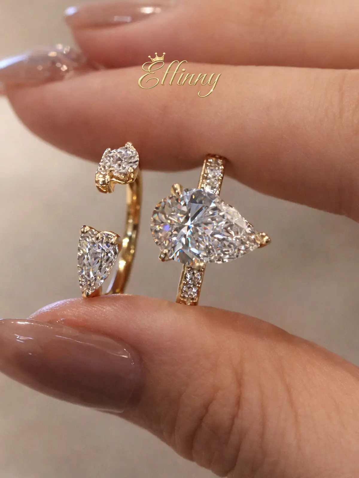 Effinny Non-tarnish 925 Sterling Silver 3.5CT Pear Cut CZ 2PC Insert Wedding Ring Set With Open Enhancer Band, 14K Gold Plated Affordable Luxury Promise Ring, Travel-friendly Jewelry for Her, Female