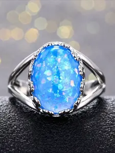 Opal Silver Ring for Women & Men, Sterling Silver Wedding Band with Iridescent Gemstone, Polished Gemstone, Anniversary & Christmas Jewelry Gift