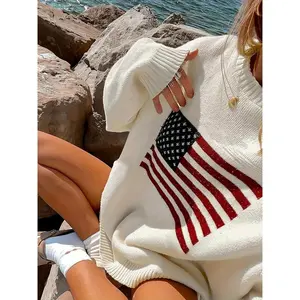 American Flag Pattern Pullover Sweater for Women - Casual Crew Neck Long Sleeve Loose Fit, Comfortable Fabric Knitwear, Women's Winter Wear Tops White Knitting Womenswear Collar Polyester