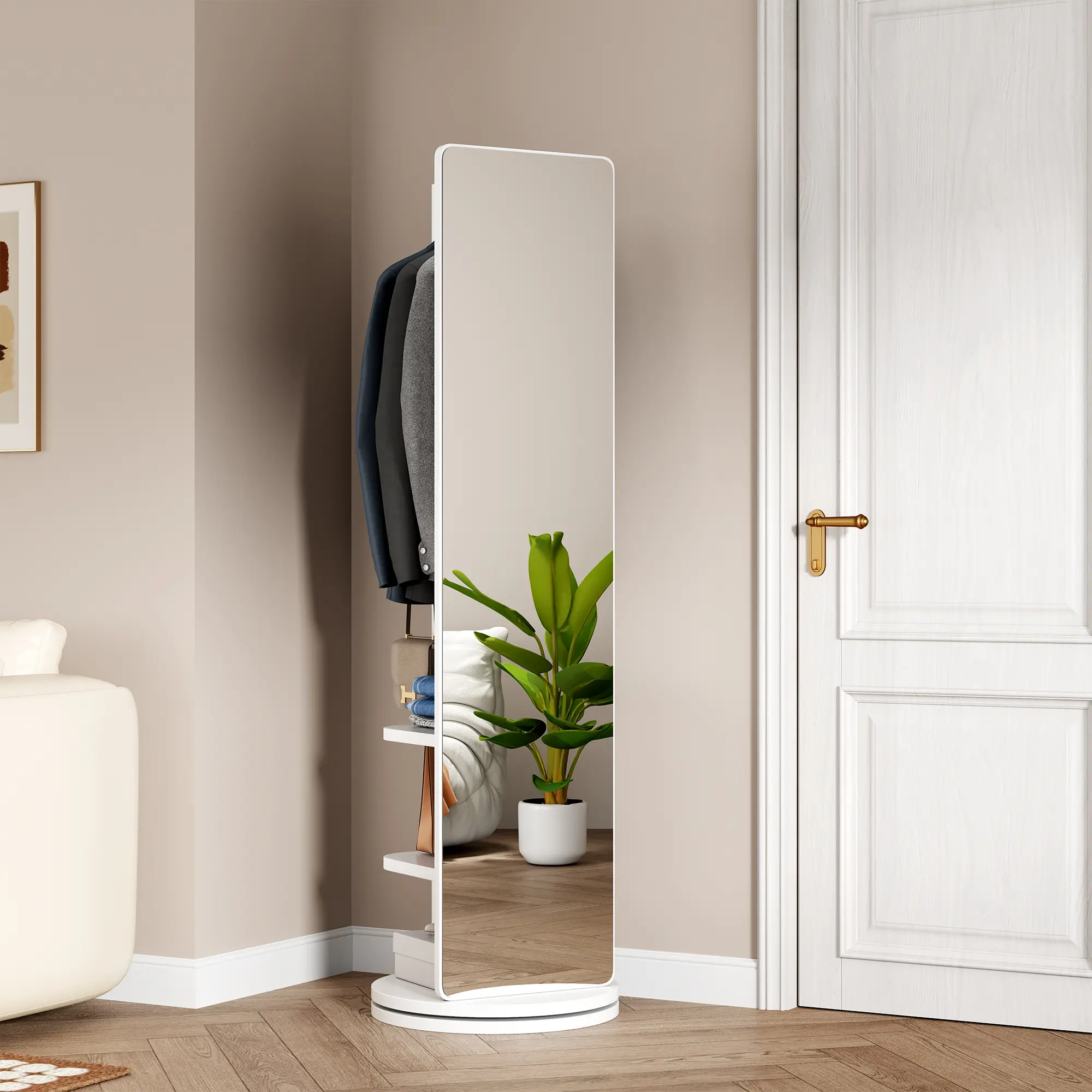 Summervibes Modern 360-Degree Rotating Full Body Floor Mirror - 66"x17.8" Multi-Functional Floor-Mounted Solid Wood Mirror with Hook Storage & Coat Rack, Space-Saving for Bedroom & Living Room, Full Body Mirror