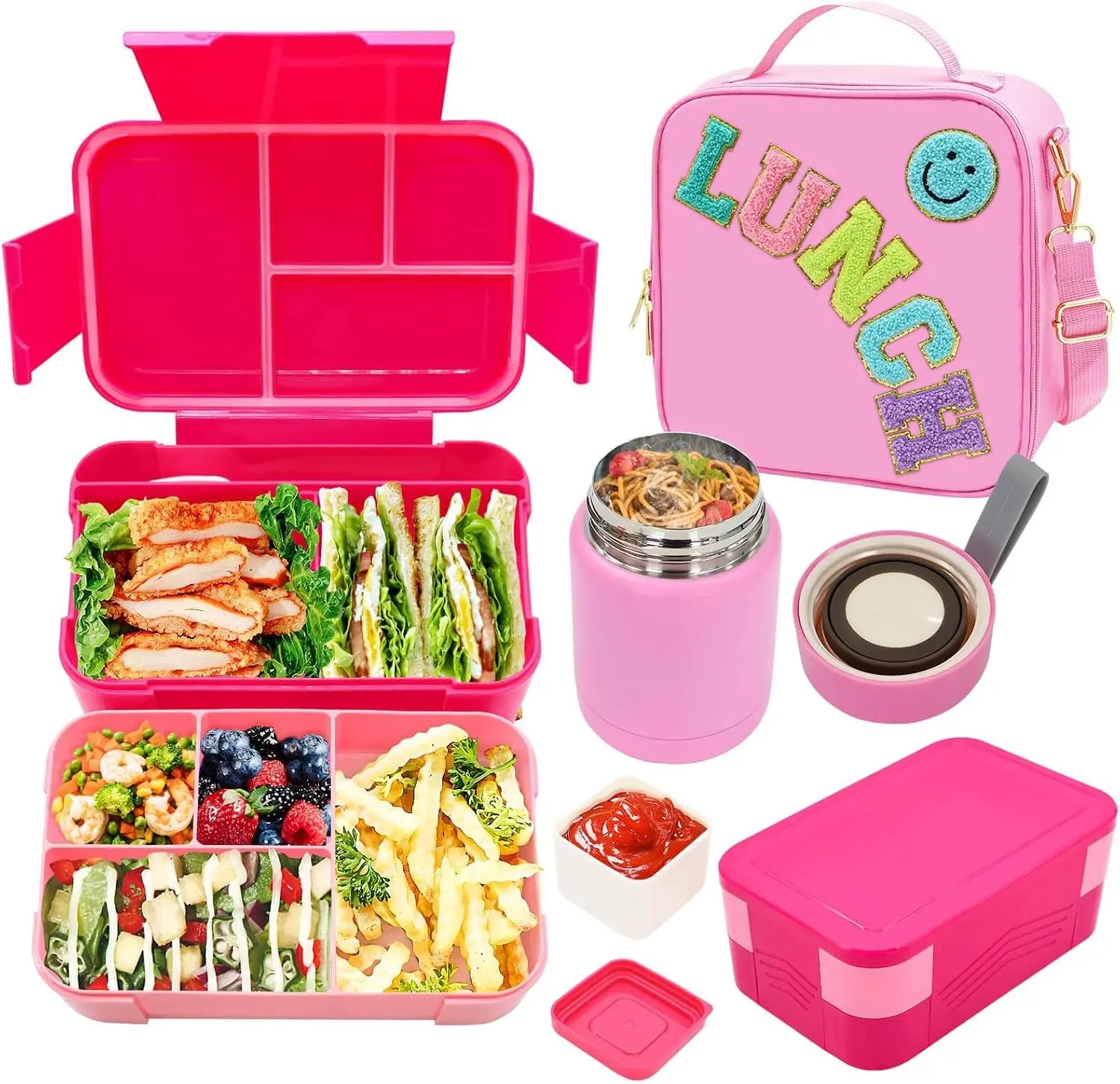 Pink Nylon Insulated Lunch Box Set for Girls - 10oz Aluminium Water-Proof Thermo Jar, 6-Compartment Bento Box, Detachable Adjustable Strap, Preservation Function for School Travel