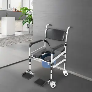 Shower Chair with Wheels Rolling Commode Chair for Toilet with Arms, Adjustable Height Folding Bath Commodes for Inside Shower, Bedside Wheelchair Bathroom Chairs for Elderly, Disabled, Injured