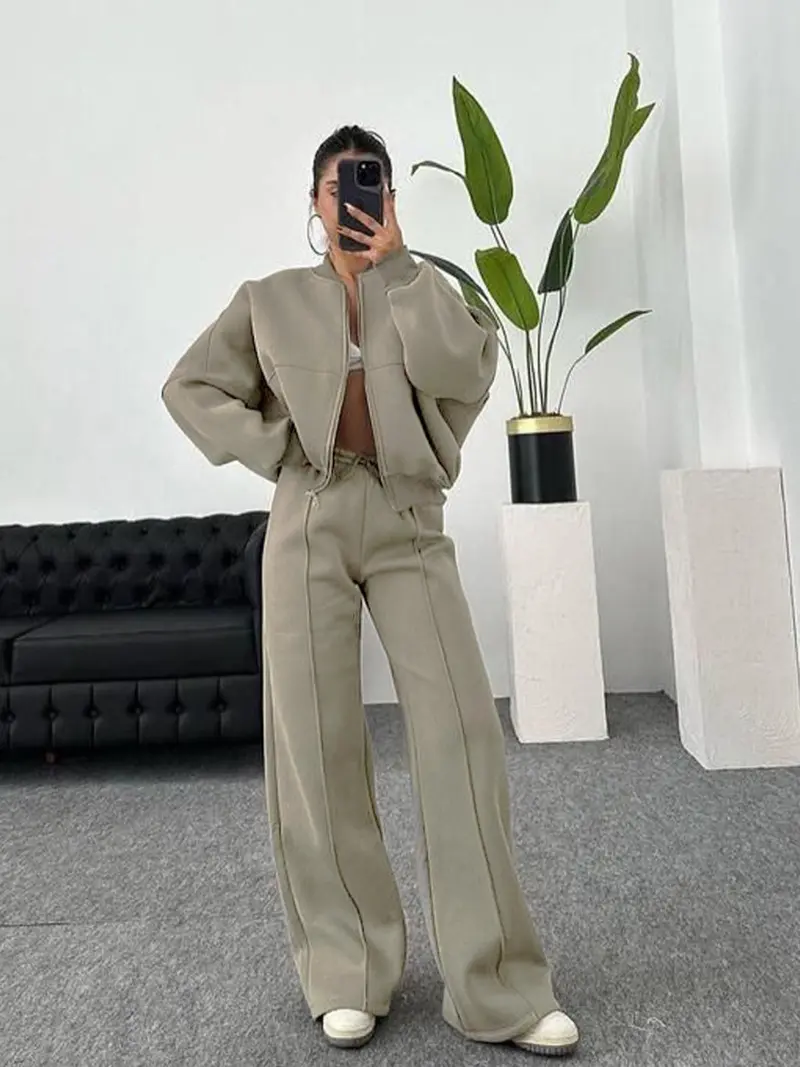 Women's Casual Basic Long Sleeve Zipper Short Jacket and Pants