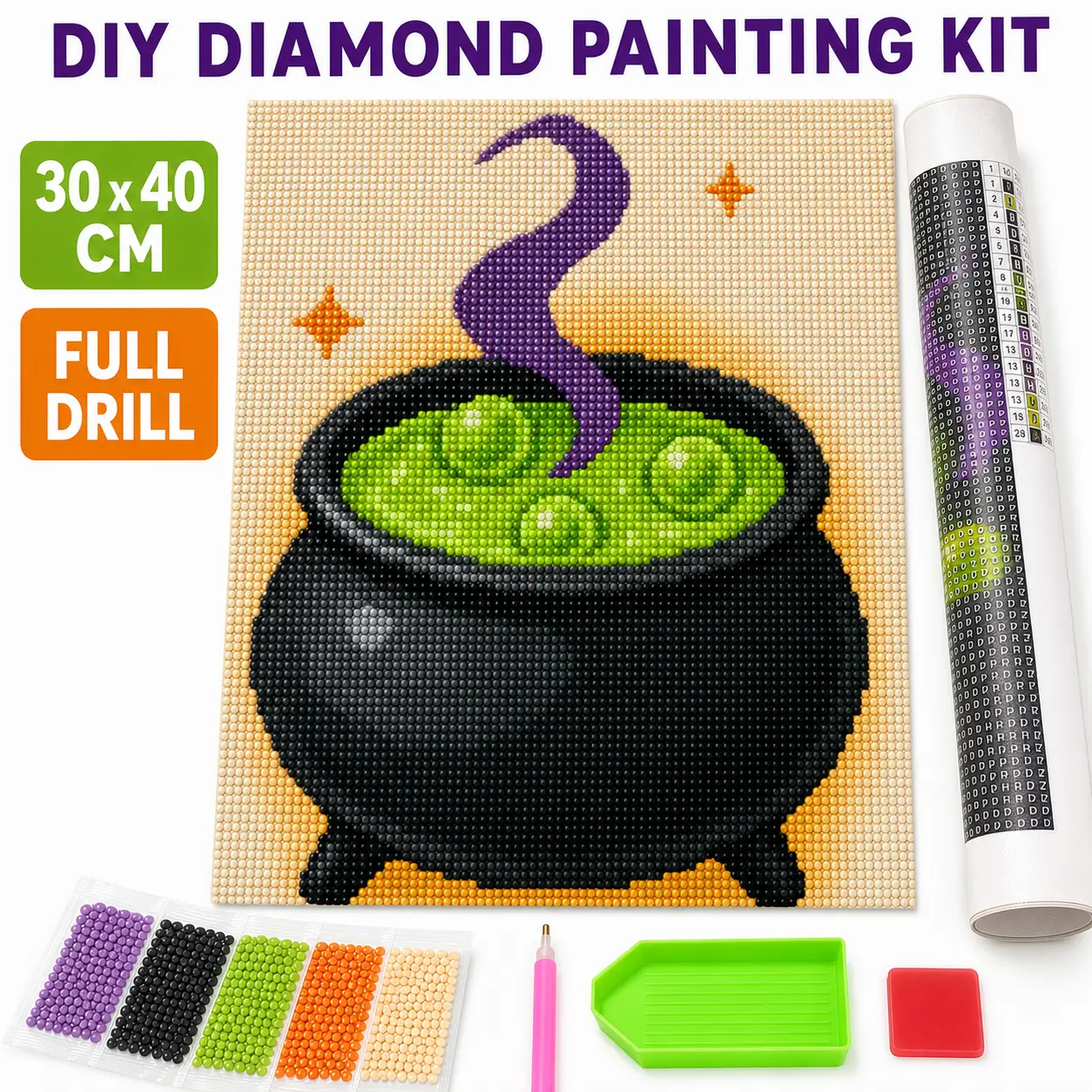 DIY Halloween Craft Kit, Witch Potion Cauldron Diamond Art, Full Drill Unframed Canvas with Round Drills for Seasonal Decor, 30 x 40 cm