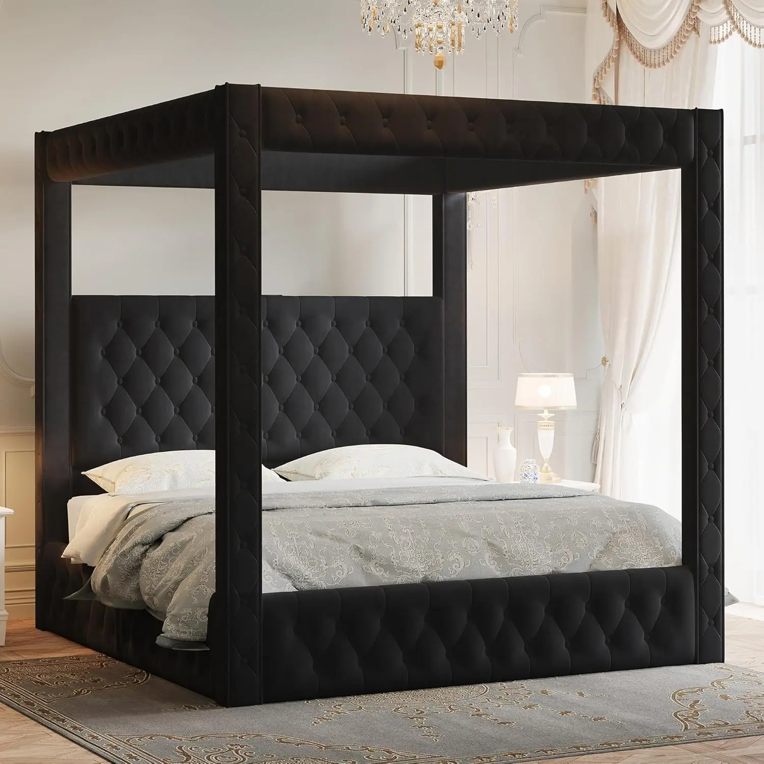 【King Size Shipped in 2 Boxes】AMERLIFE Upholstered Canopy Bed Frame King Size with 74.8" Tall Four Poster and Velvet Deep-Tufted Tall Headboard with Charging Station/Modern Luxury Style/No Box Spring Needed/Black #homemakeover