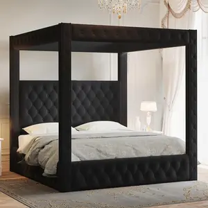 [SummerVibes]AMERLIFE Upholstered Canopy Bed Frame King Size with 74.8" Tall Four Poster and Velvet Deep-Tufted Tall Headboard with Charging Station/Modern Luxury Style/No Box Spring Needed/Black