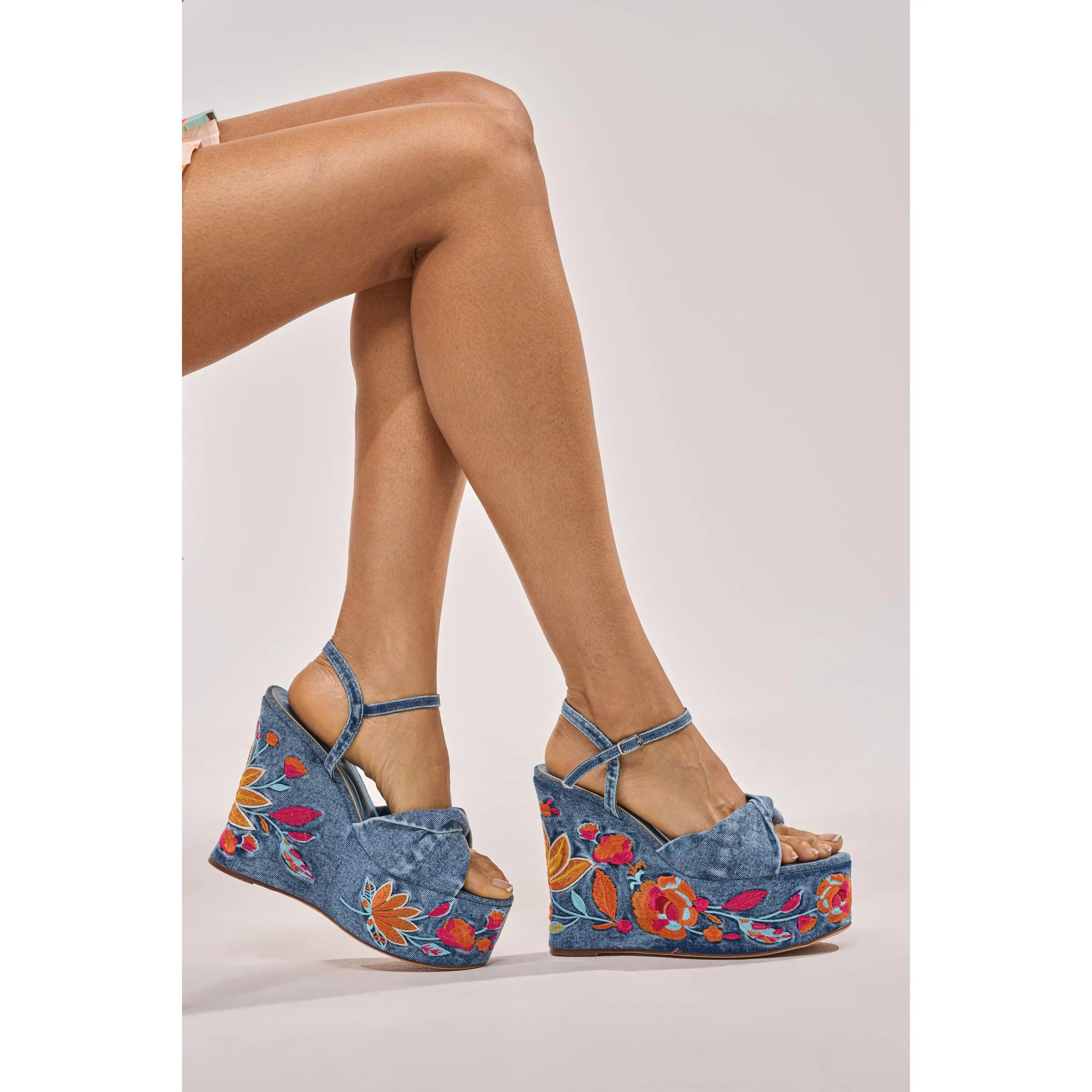 AZALEA WANG TIALA DENIM FLORAL EMBROIDERED STRAP WEDGE SANDAL