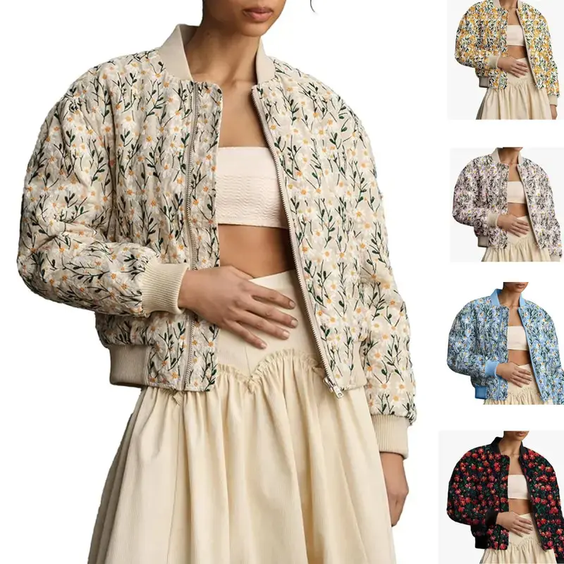 Bienmorn Women's Embroidered Daisy Cropped Bomber Jacket Long Sleeve Quilted Puffer Coat Cute Fall Outerwear