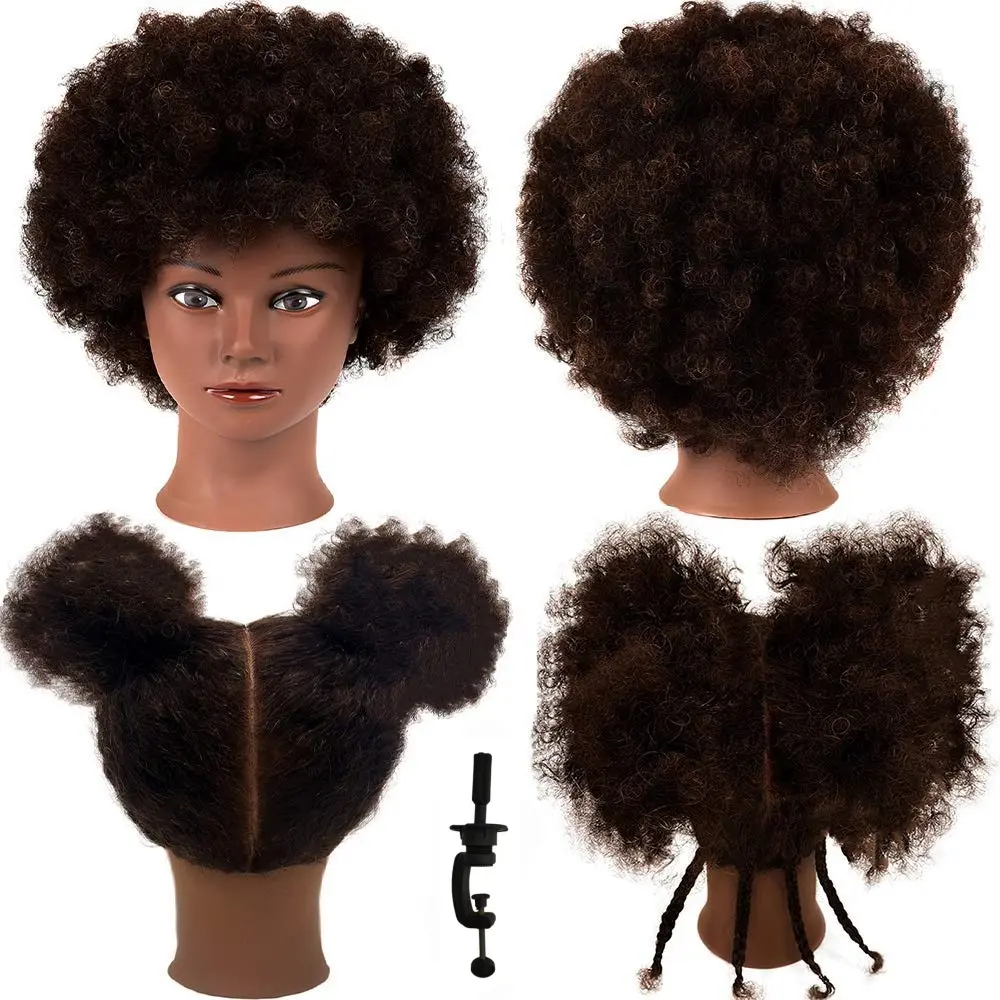 Human Hair Training Afro Mannequin Head – Short Curly Hair for Beginners to Practice Braiding, Cutting, Styling – Includes Clamp Hair Weave Hairpiece Clip In