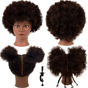 Human Hair Training Afro Mannequin Head – Short Curly Hair for Beginners to Practice Braiding, Cutting, Styling – Includes Clamp