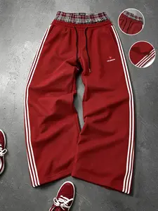 American Vintage 3 Bar Sports Sweatpants, Track Pants, Wine Fake Two-Piece Design, Loose Wide Leg Hip Hop Style, Unisex Fashion, Knit Athletic Pants