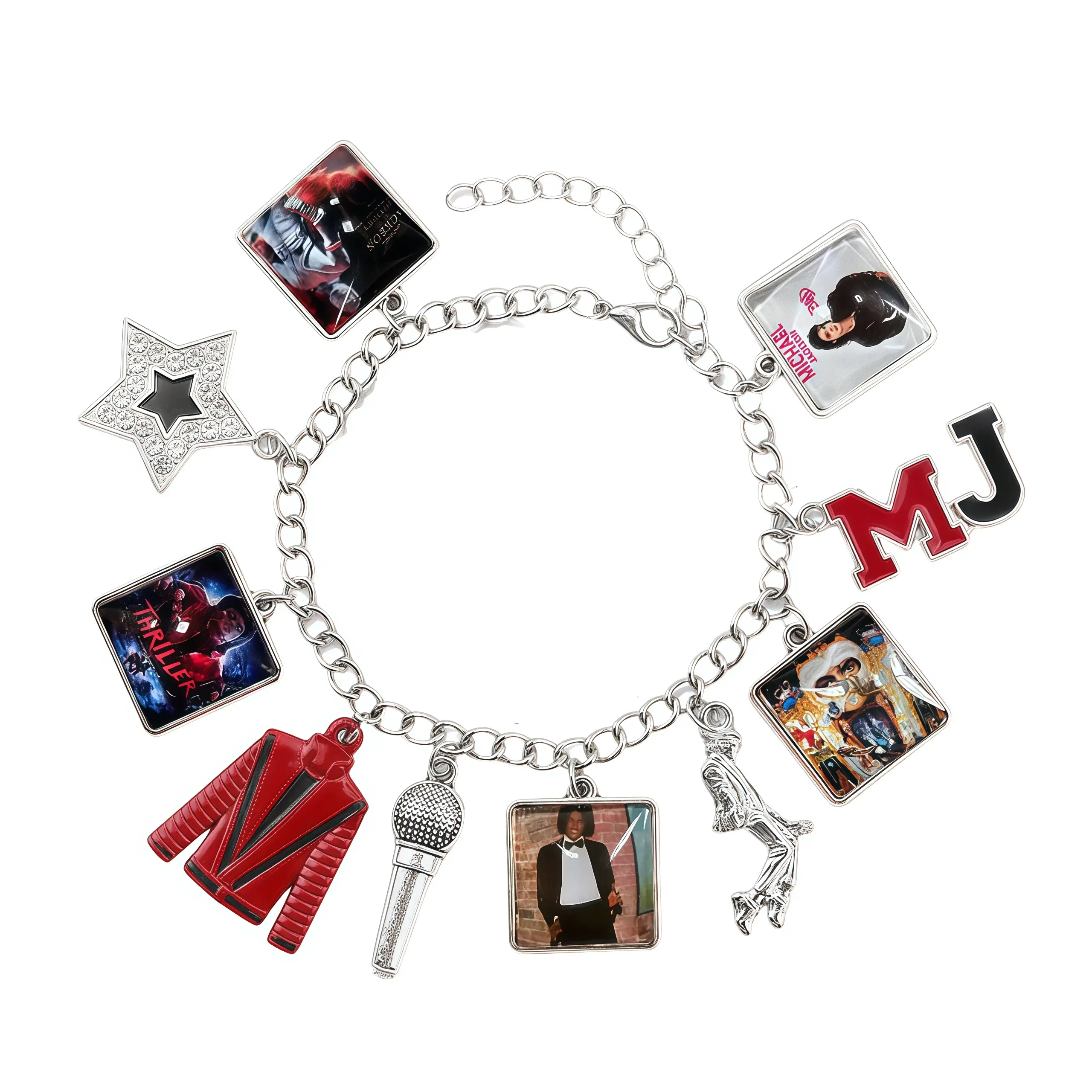 Music Inspired Michael Jackson Charm Bracelet, Vintage Link Chain Bracelet with Microphone, Jacket & Album Charms, Unisex Fan Gift, Back to School