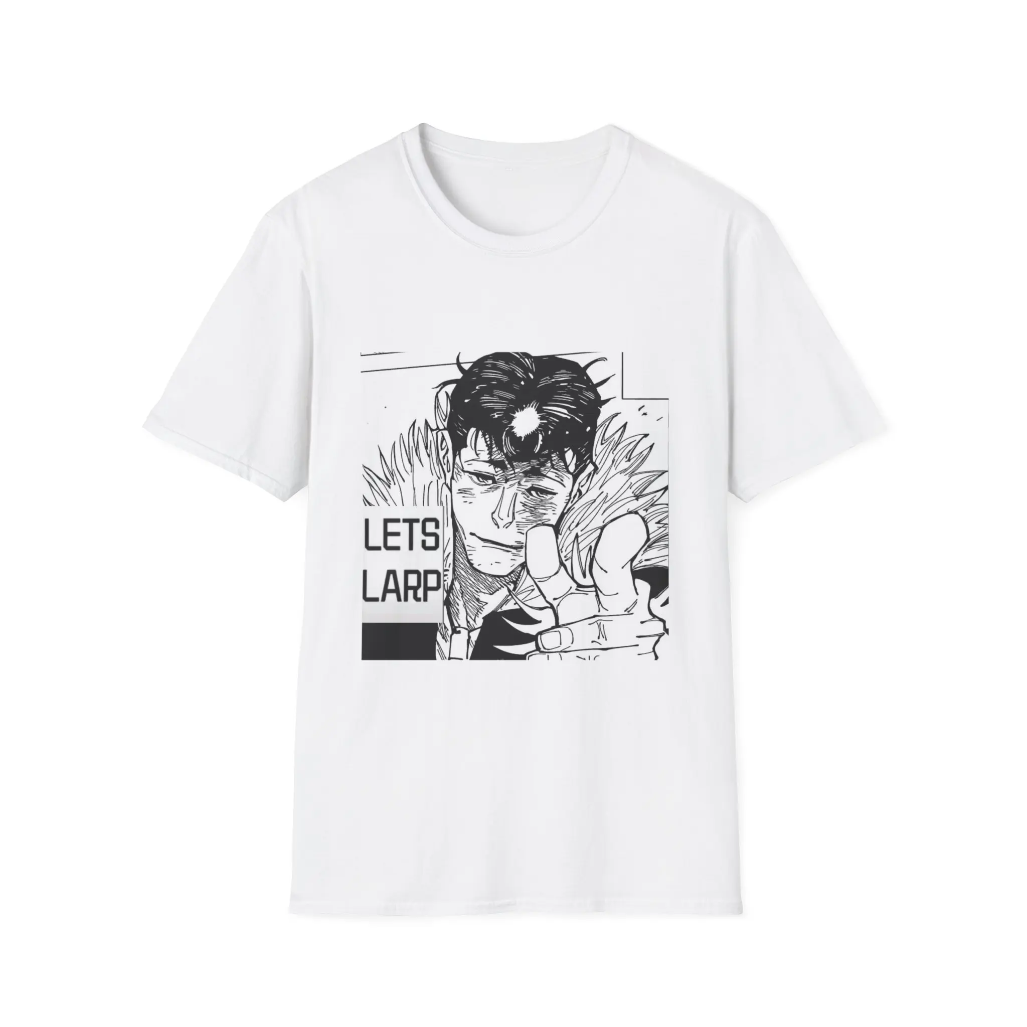 Women's Classic Shortsleeve Larp Anime Boy T-Shirt - Relaxed Fit, Monochrome Manga Character Illustration, Premium Fabric, Versatile Outfits