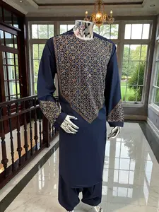 XL Navy Blue Afghan Men’s Kameez 2-Piece Set with High-Quality Gold Shesha Embroidery