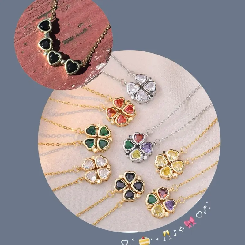 2 in 1 Four Leaf Clover Charm Lucky Necklace Heart for Women, 18K Gold Plated Pink Black CZ Charm , Open & Close Cloverleaf Heart Shape Birthstone Anniversary Jewelry for Her, Birthday Necklaces for Mother Wife Grandma BFF