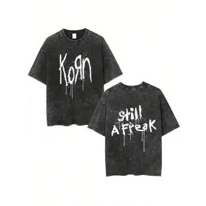 Heavyweight American Vintage Washed Unisex T-Shirt, Loose Fit Summer Top For Men & Women, Black T-Shirt With A Worn - Out Effect, "Korn" On The Front And "Still A Freak" On The Back,Streetwear Style Spring/Summer Top