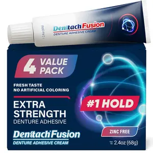 NEW 2026 !!! Denttach Fusion Denture Adhesive, (Pack of 4) 2.4 Ounce, Ultra Strong Hold and Seal, Dental Adhesive Cream for Dentures and Partials, Zinc Free Denture Glue
