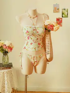 New Tankini Set, Fashionable Halter Top, Front Drawstring Design, Cute Print Swimwear, Perfect for Beach Days and Pool Parties
