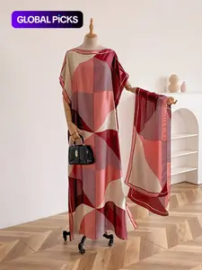 Women's Colorblock Print Long Scarf & Poncho Set, Casual Soft Comfortable Shawl for Beach Vacation, Beach Cover Up, Beachwear Cover Up, Swimwear Coverups, Swimsuit Coverups, Fashion Accessories for Women & Girls