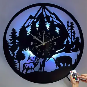 LED Forest Bear Deer Clock, 7 Color Lights Home Design, Distinctive Design, Living Room Bedroom Office Decor, Original Gift for Birthday Mother's Day Christmas