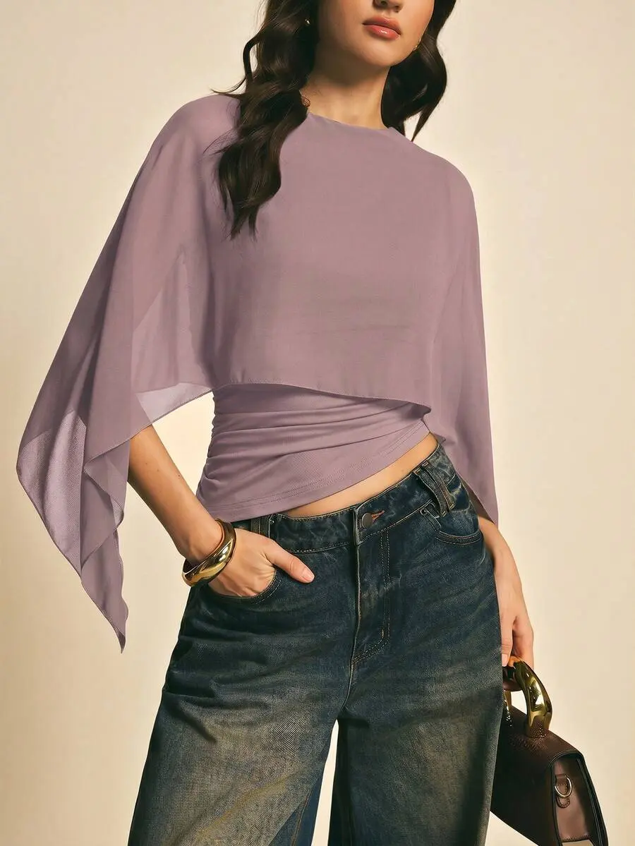 Women's Dusty Purple Asymmetrical Poncho Top Elegant Draped Blouse Casual Chic Batwing Sleeve Summer Office Vacation Outfit