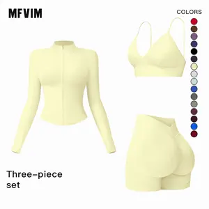 MFVIM Women's Sports Three-Piece Set Impact Compression High Waist Butt Lifting Yoga Pants for Running Yoga Everyday Workouts