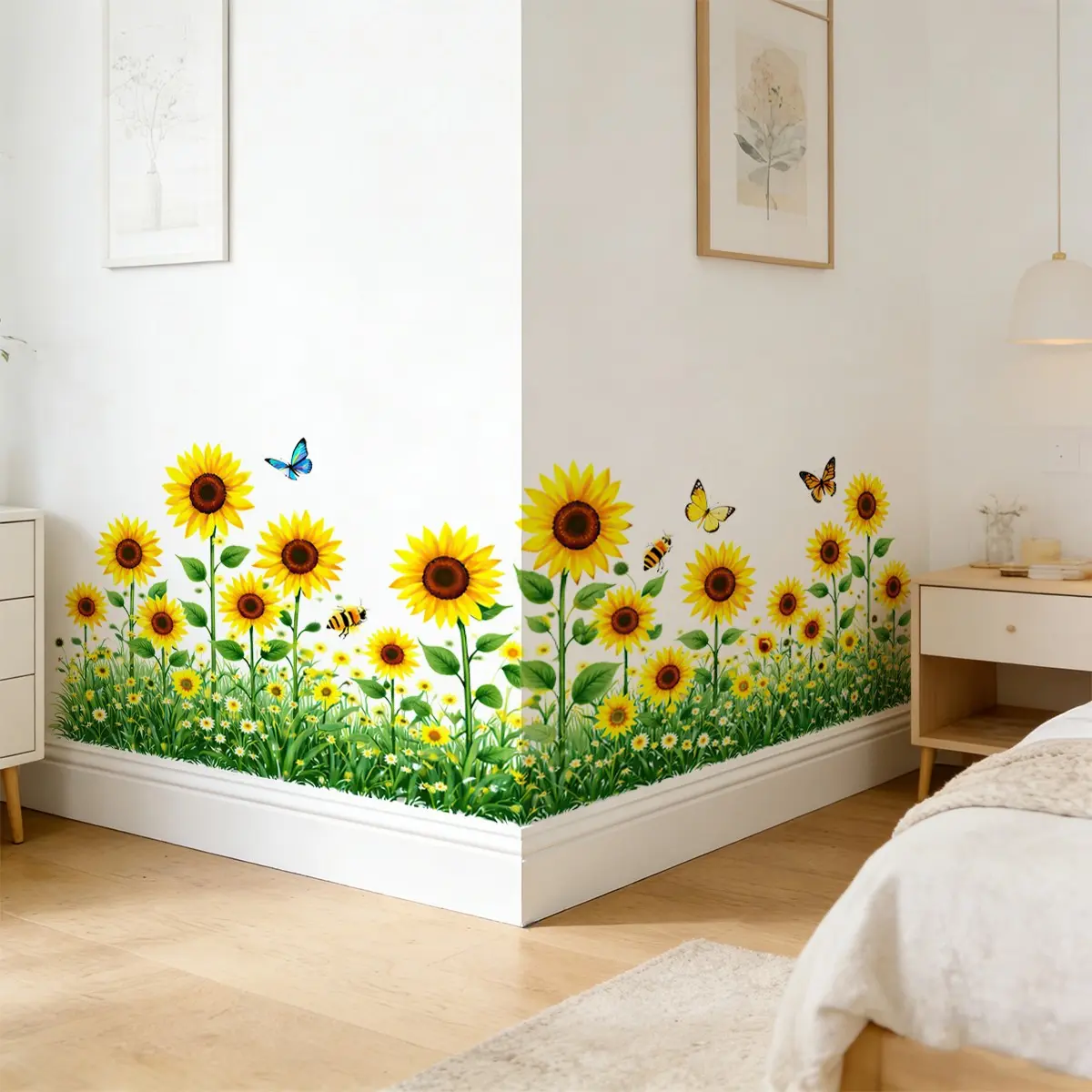 Vintage Farmhouse Sunflower Wall Decals, Yellow Sunflower Green Grass Butterfly Bee Baseboard Border Wall Stickers, Removable Peel & Stick Vinyl Decals for Cafe Restaurant Retail Shop Home Living Room Decor