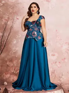 Elegant Plus Size Wedding Bridesmaid Dress, Vintage Sequined Floral Satin Evening Hostess Gown, Sweetheart Neck Cap Sleeve Maxi Dress