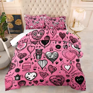 3pcs Valentine's Skull Heart Punk Quilt Set, Soft Comfortable Summer Quilted Blanket with 2 Pillow Cases for Home & Dorm Use