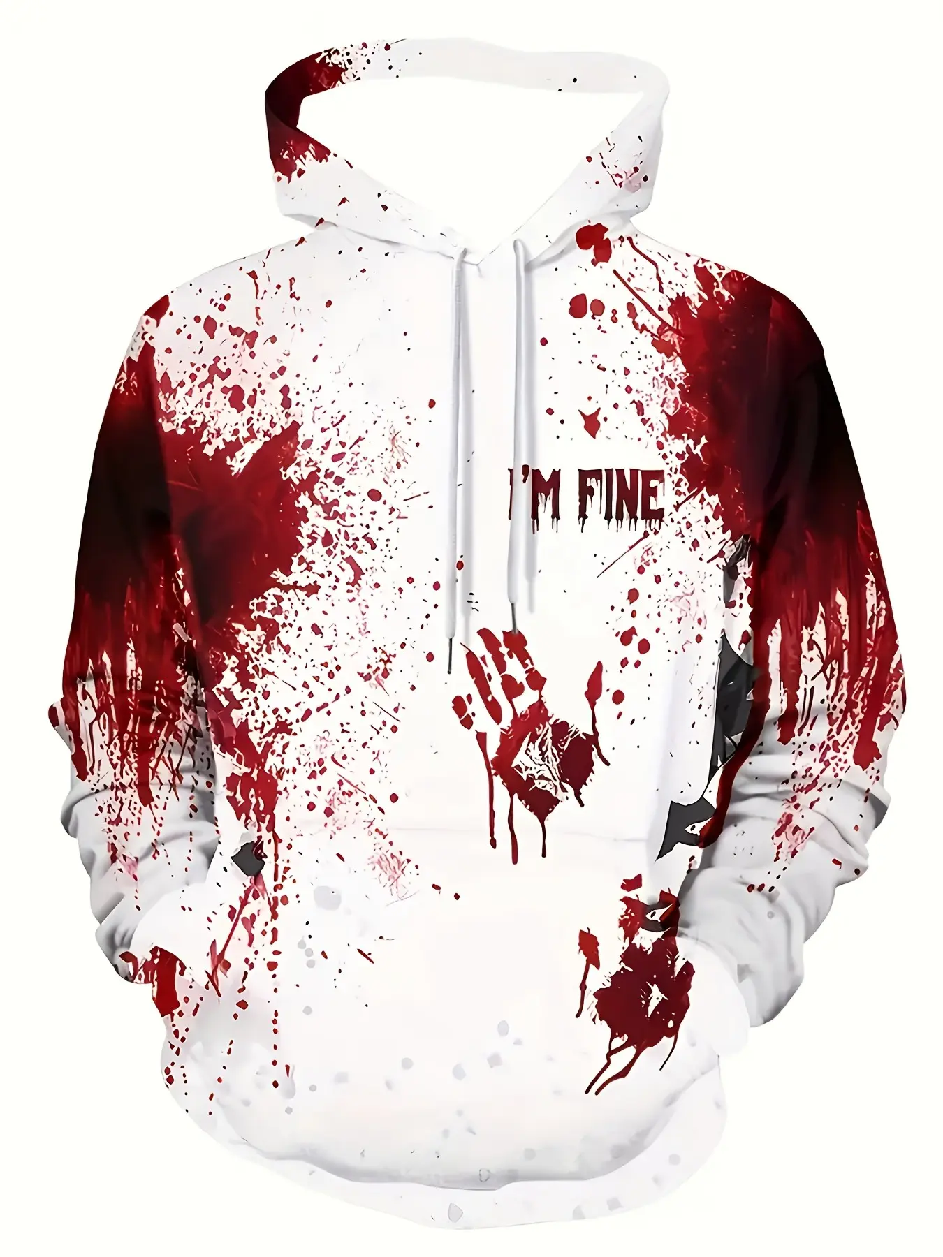 White background with blood-red handprint print long sleeves Loose Baggy Casual Graphic Print Hoodie, a dark and terrifying street fashion item, Sweatshirts, Tops