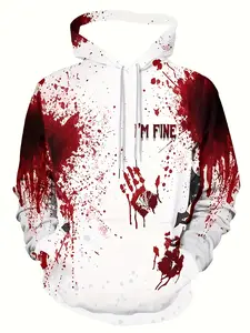 White background with blood-red handprint print hoodie, a dark and terrifying street fashion item
