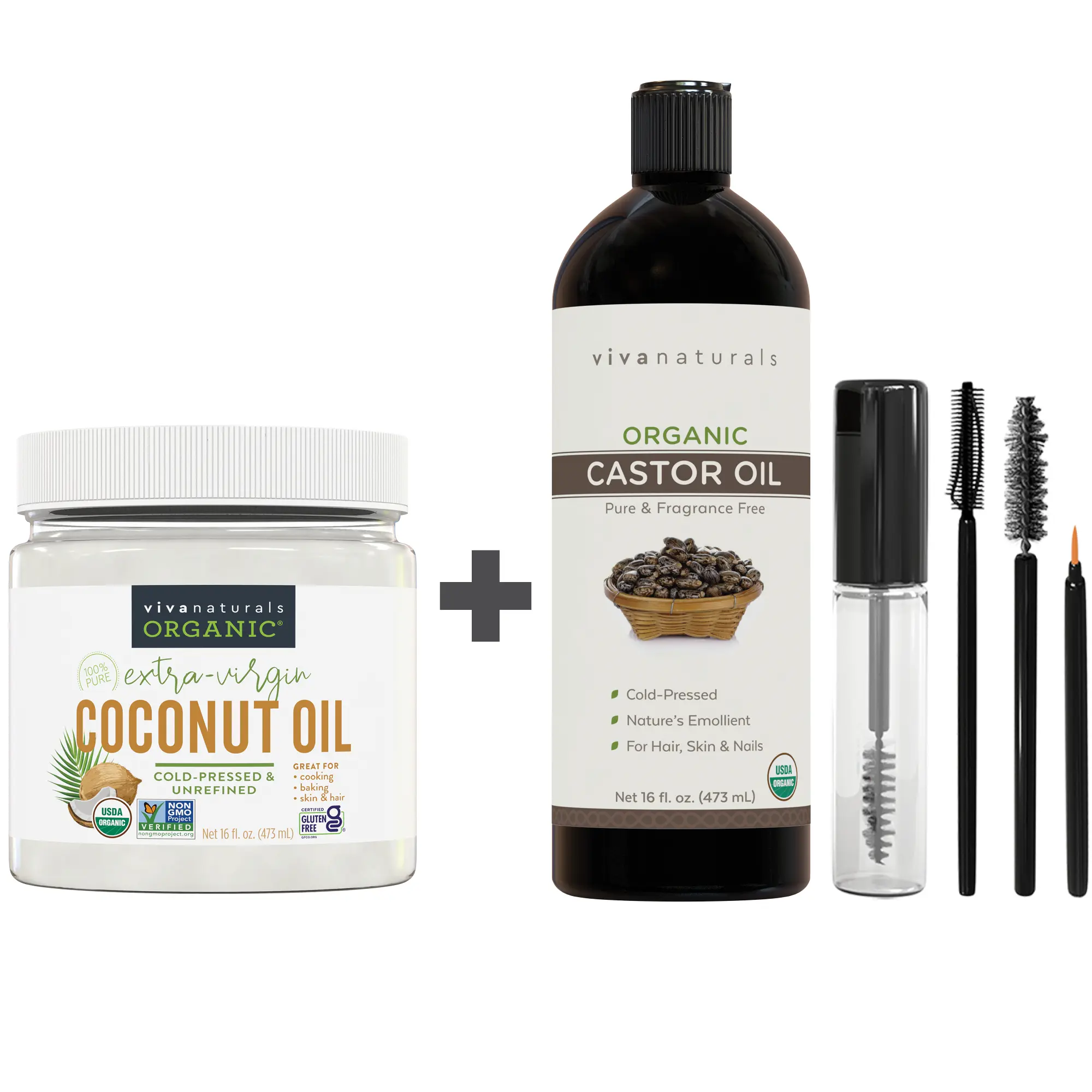 Viva Naturals Organic Extra-Virgin Coconut Oil, 16 fl oz and Cold-pressed Organic Castor Oil, 16 fl oz Bundle