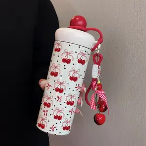 600ML Cherry Pendant Insulated Cup, Tumbler, Butterfly Knot Coffee Mug, Stainless Steel 316, Flasks, Suitable for Outdoor Sports, Travel, Home Use