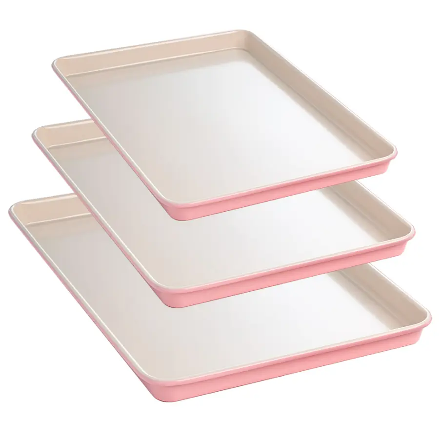 Pink Baking Trays Set of 3 Non-Stick Bakeware for Cookies and Baking