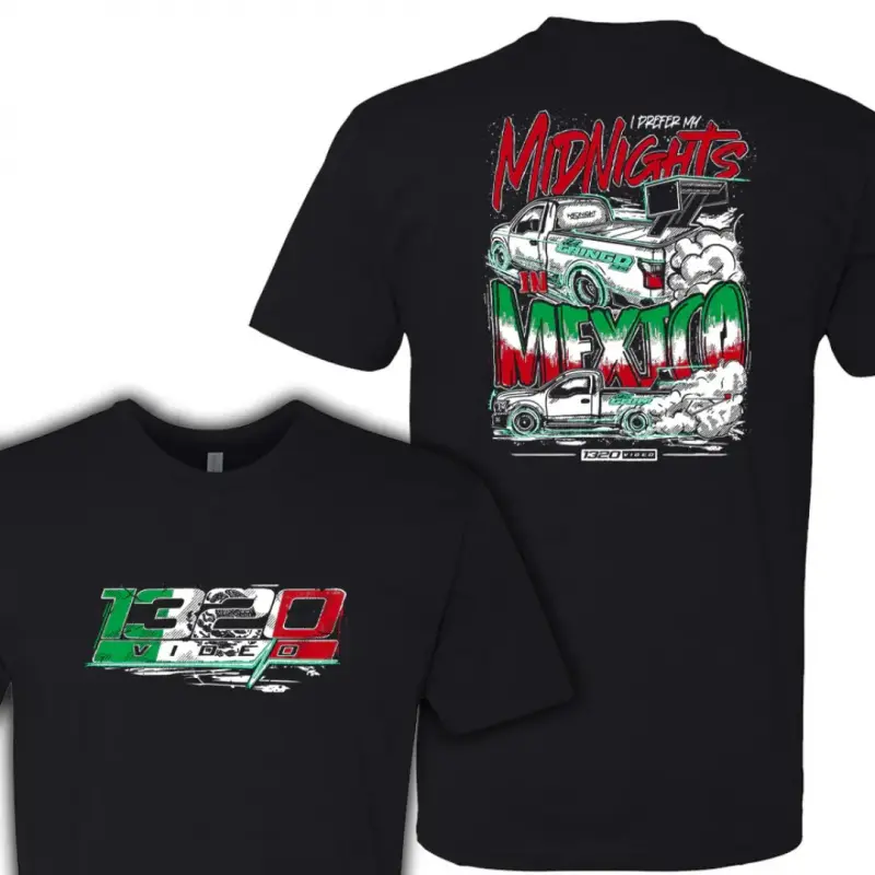 Men's 180g 100% Cotton Shortsleeve Breathable Racing Shirt - 1320 Video "Midnights in Mexico" Graphic, Drift Trucks Design, Menswear Outfits for Car Enthusiasts, Day Wear - Sports Top for Street Racing Culture Fans, Casual