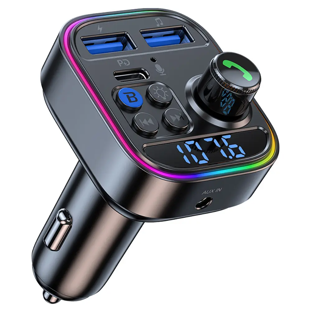 ALANPH Wireless Bluetooth 5.3 FM & Bluetooth Transmitter - 12V Plug-and-Play Car Audio Adapter, Multi-Port PD30W Fast Charge USB Kit, Hands-Free Calling, AUX Functionality, U Disk Support, 7-Color Ambient Lights, Aftermarket CarPlay Accessory