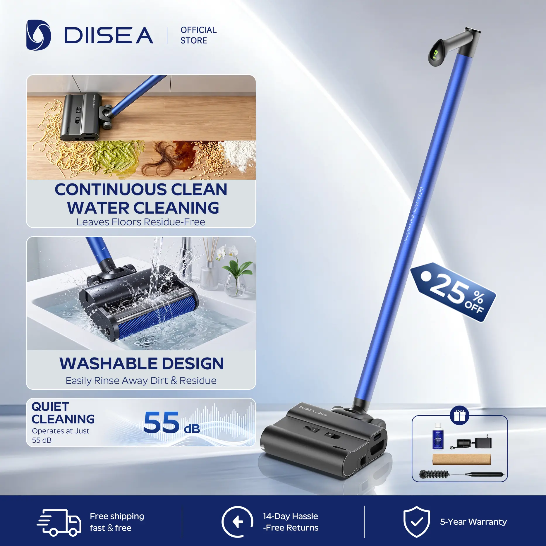 DIISEA D7 Cordless Wet Floor Cleaner, Fresh Water Floor Cleaning System, Fully Rinseable Design, Easy Maintenance, 55dB Ultra Quiet Operation, 3kg Lightweight Body, 8cm Flat Lay Design, Perfect for Everyday Hard Floor Cleaning, Summer Sale