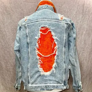 Upcycled Denim Jacket Men's Small/Medium Tennessee Orange Distressed Washed Jean with Bold Orange Patch