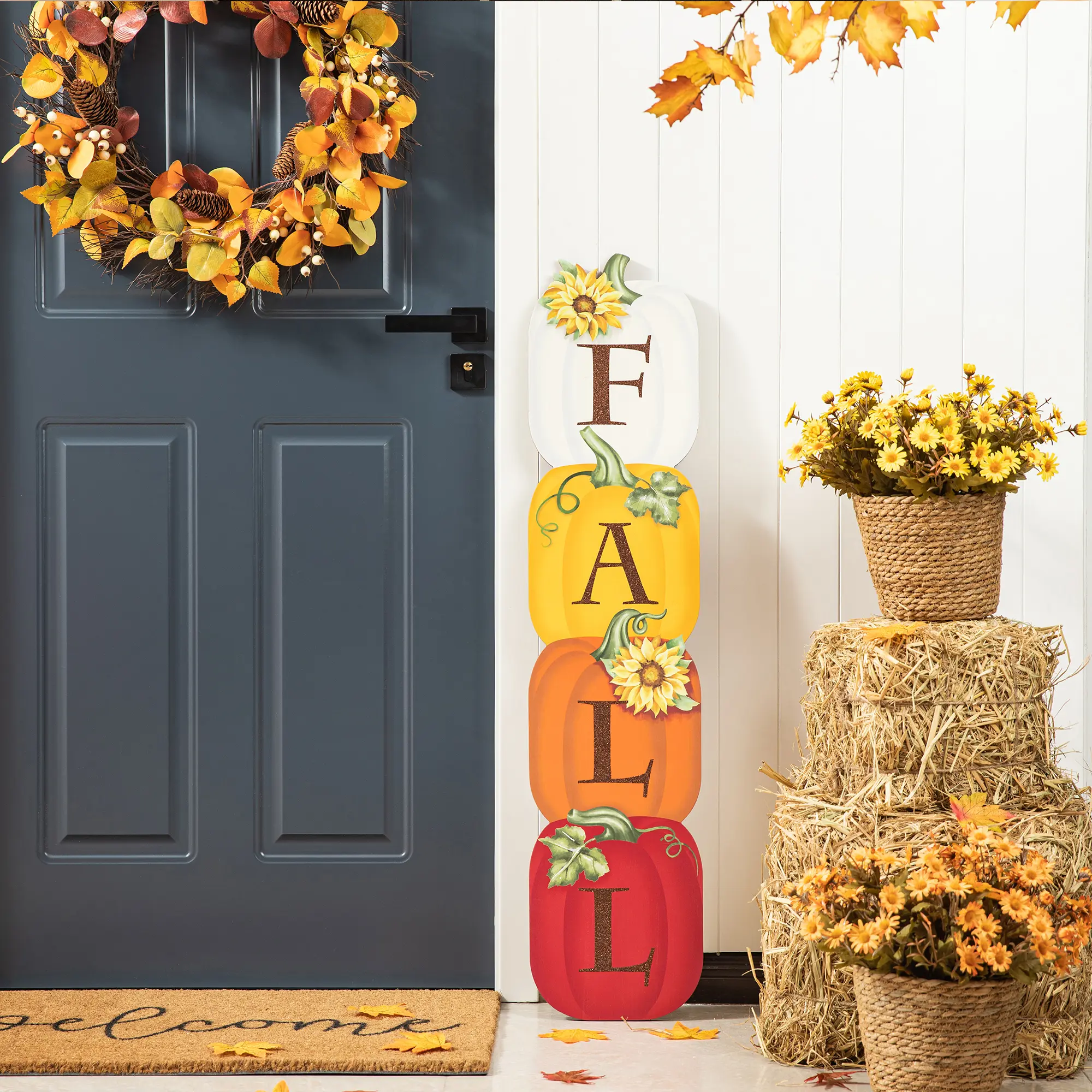 Glitzhome 42"H Fall Wood Stacked Pumpkin Porch Decor, Pumpkin Decoration Holiday Ornaments