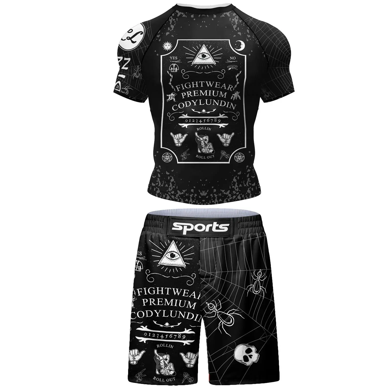 Men's 2-Piece Short Sleeve Rash Guard Set - Digital Printed Lightweight Spandex Compression Fit Shirt & Shorts, Quick-Dry UPF 50+ for Martial Arts, Grappling/Surfing