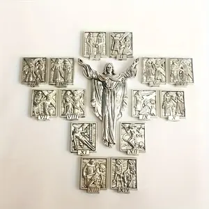 15-Piece Religious Wall Decor Cross Design Zinc Alloy DIY Home Decoration, Easter & Christmas Ornaments, Stick-On Frame or Tabletop Display