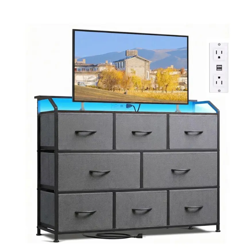 8-Drawer Fabric Dresser with Power Outlets & LED Light, Multifunctional TV Stand Storage Cabinet for Bedroom, Living Room, Office & Hallway, Gray