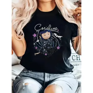 Coraline Inspired Cartoon Print T-Shirt - Crew Neck, Polyester Knit Fabric, Regular Length - Black Cat and Bats Design for All Season Wear