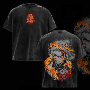 Rengoku Graphic T-Shirt, Vintage Washed Oversized Cotton Top, Unisex Crew Neck Anime Streetwear for Demon Slayer Fans
