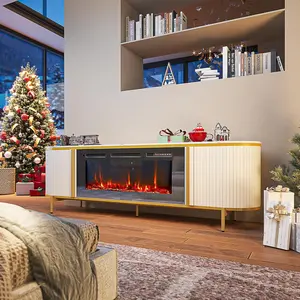 【2 Packages Shipping】Luxury 70" Fluted Fireplace TV Stand, Modern Chic Entertainment Center for TVs Up to 80", TV Console for Living Room, White Media Cabinet with Storage,70 Inch