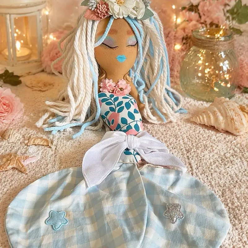 Handmade Mermaid Doll with Character Card – Bluebell Cove | Collectible Cloth Mermaid | Bubbles & Blush