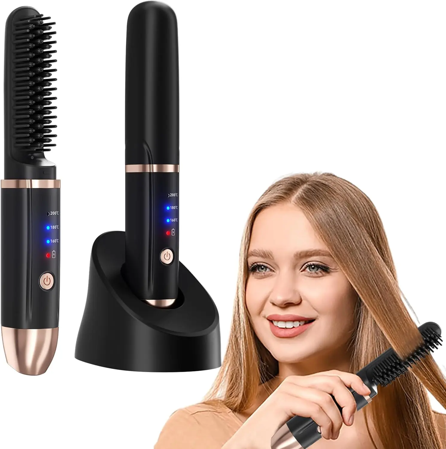 Cordless Hair Straightener Brush | Portable Ionic Heated Comb for Sleek, Frizz-Free Hair | Fast Heating, Smooth Glide, Salon-Quality Styling Anywhere Curling Tool Adjustable Black Daily Fluffy Comfort