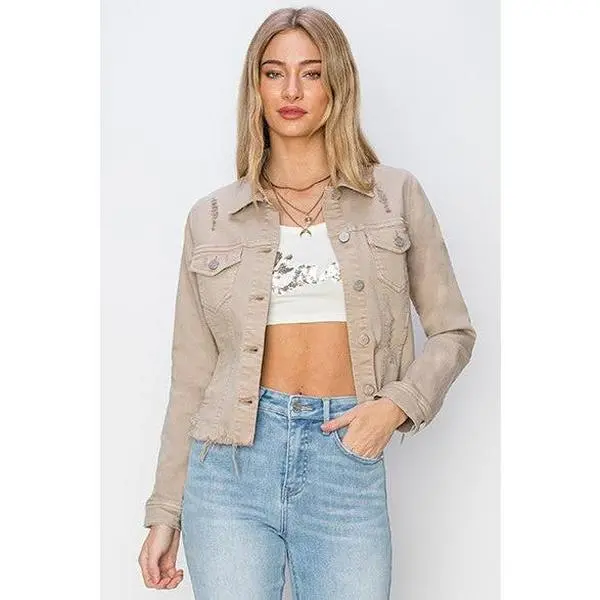 RISEN Full Size Raw Hem Button Up Cropped Denim Jacket Plus Size