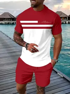 Summer Men's Two-Color Patchwork Whatever Handwritten Print Short Sleeve T-Shirt and Shorts Set, Casual Sporty Outfit