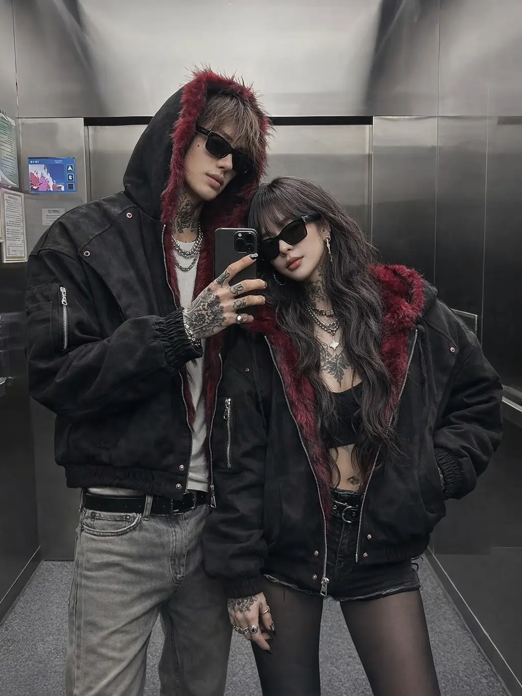 Thick Warm PU Faux Leather Padded Jacket, Black Red Contrast Faux Fur Collar Hooded Winter Coat, Distressed Vintage Motorcycle Bomber Outerwear, Y2K Gothic Streetwear Zip Up, Couple Matching Jacket for Men Women, Daily Casual Fashion Trend Style Fall Wear